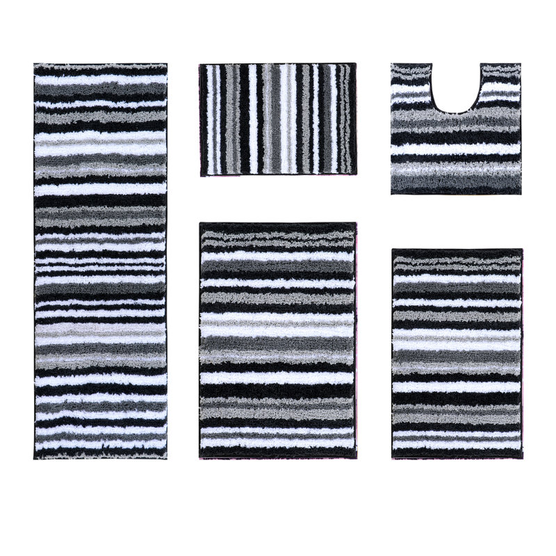 Ensemble de tapis de salle de bain 100% polyester à rayures lavables à la machine 5 pièces Griffie Collection, Gris