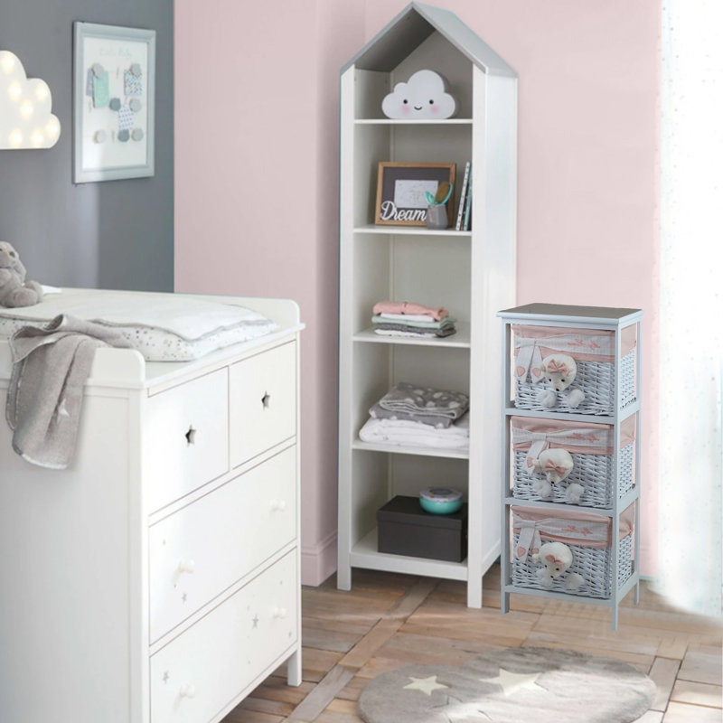 3 Drawer Wooden Cabinet with Wicker Storage Baskets and White Bear Design for Home Organization
