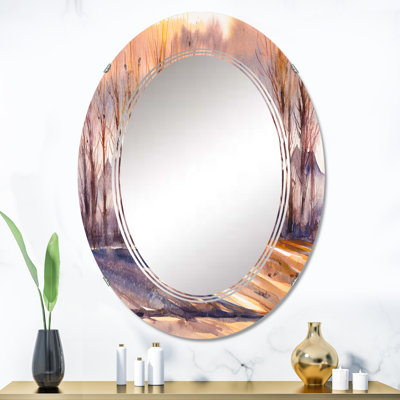 Paysage d'automne avec village, arbres au premier plan - miroir mural champêtre ovale