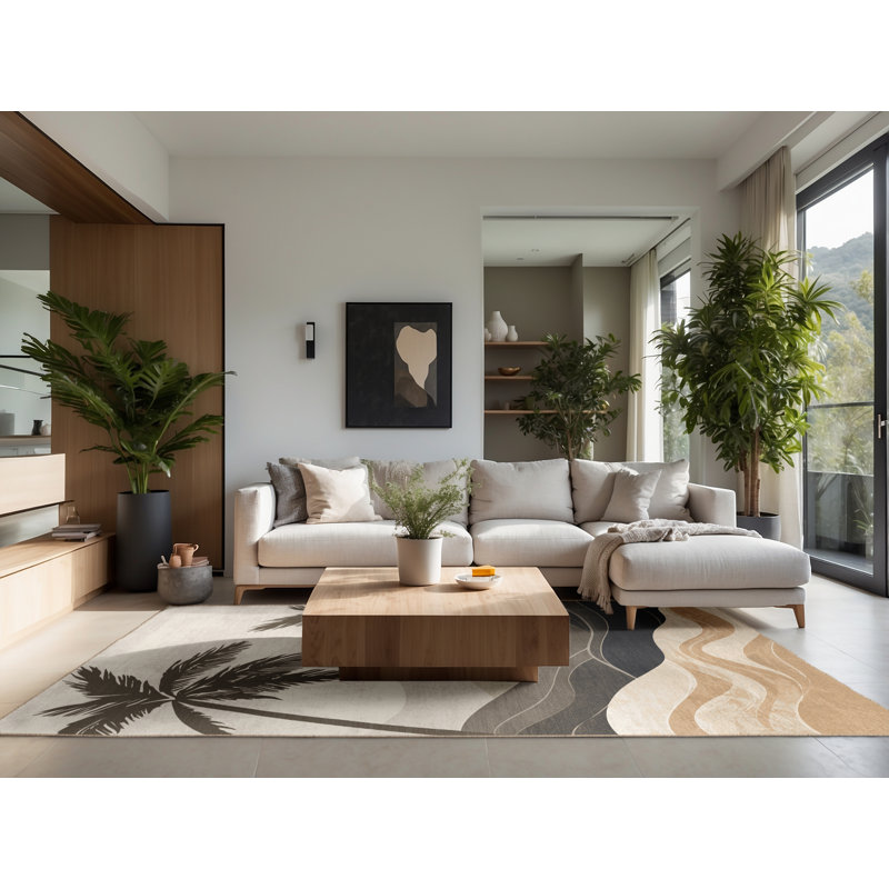 Tapis beige moelleux moelleux à motif ombré tropical - reliure beige, Rond 7 pi
