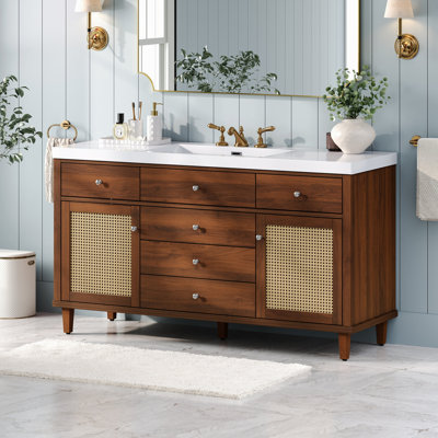 60" Bathroom Vanity with SMC Sink, Modern Large Storage Bathroom Storage Cabinet with Soft Close Drawers and Rattan Doors, Silver Metal Knobs and 5 Pine Legs, Brown