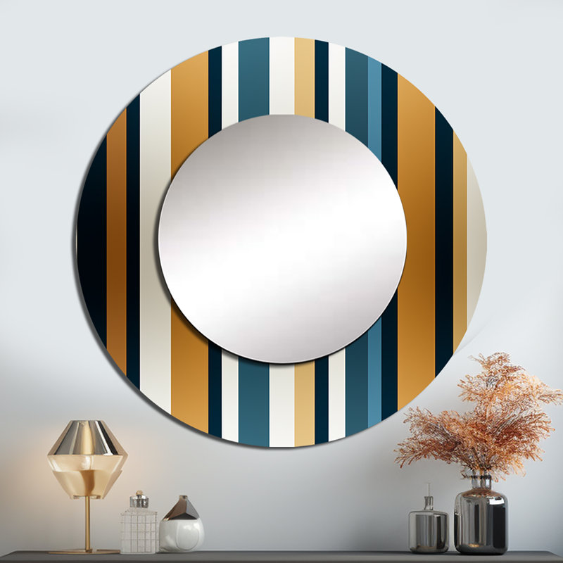 Elegant Gold And White  Striped Pattern - striped  Decorative Mirror, Gold Large Wall Mirror, Printed Metal Art, 29" x 29"
