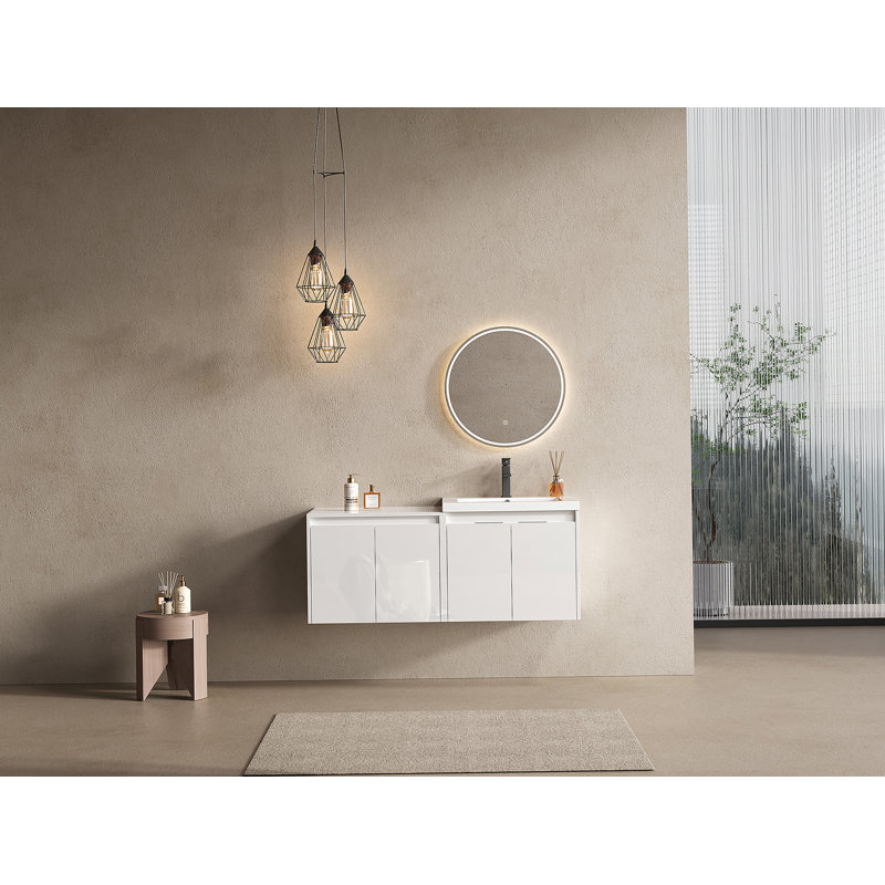 Meuble-lavabo 48 po avec lavabo en résine, portes à fermeture en douceur et armoire murale, montage flottant, blanc brillant, contreplaqué