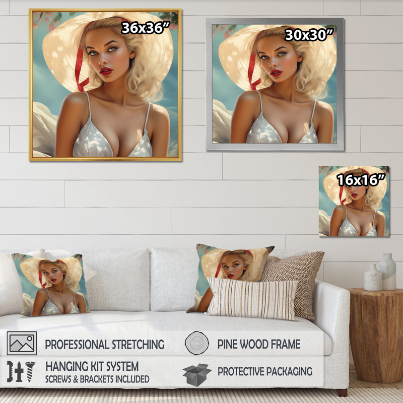Vintage glamour Beach Women - imprimé, H 24 po x l 24 po x P 1 po, Cadre photo doré simple