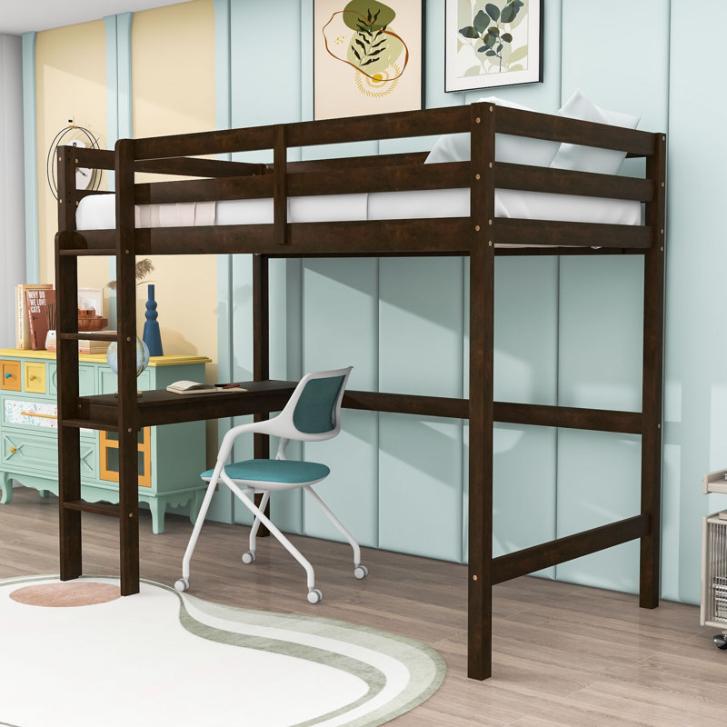 Twin Wood Loft Bed With Guardrail And Built-In Desk, Espresso