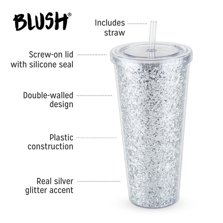 Blush Glam Silver Double Walled Glitter 24oz Tumbler | Reusable,  Leak-Proof, Travel, Clear Plastic, Slim, Iced Coffee Cup, Screw-On-Lid, and  Straw