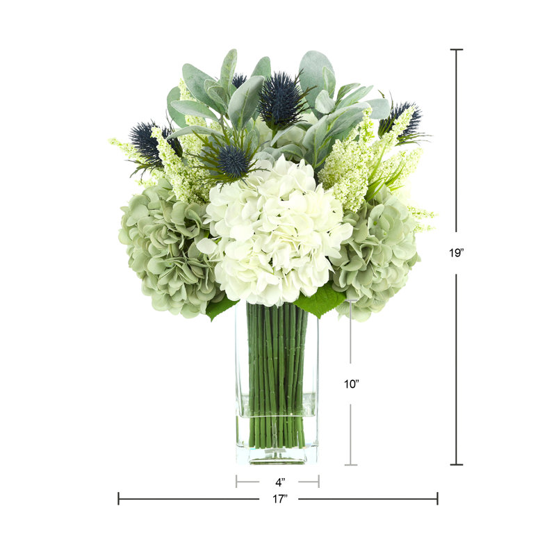 Assorted Hydrangeas, Lamb's Ear and Protea Arranged in Glass Vase