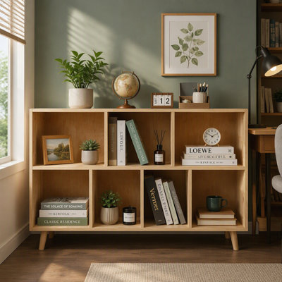 Pine Wood 7-Cube Bookshelf, 45.0" Storage Organizer with Fixed Compartments, Modern Wooden Bookcase