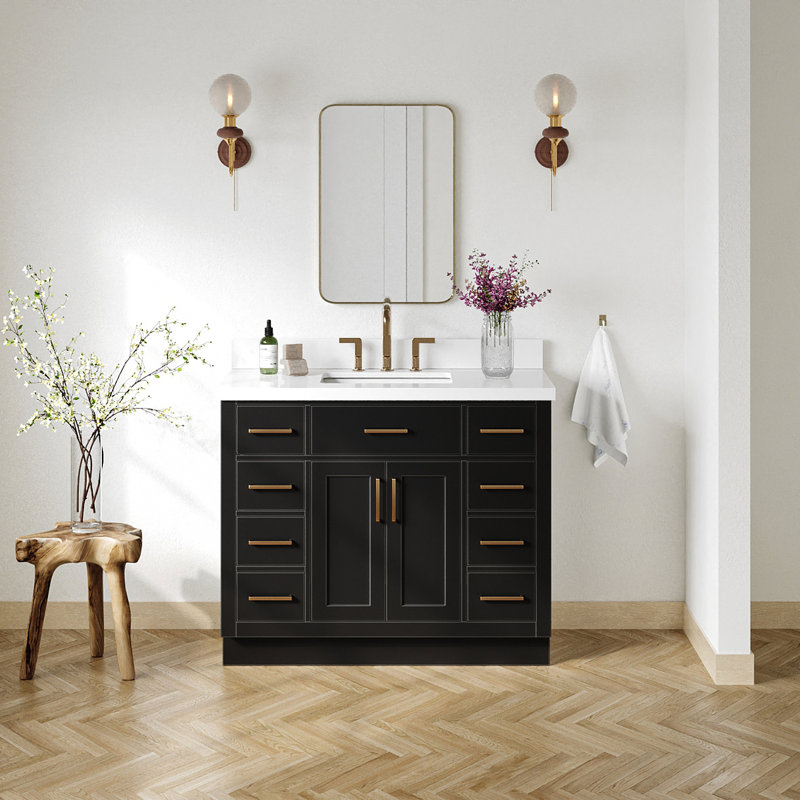 Tidworth 42' Solid Wood Single Bathroom Vanity with 1.5' White Quartz Top, Noir / laiton satiné, Forme rectangulaire