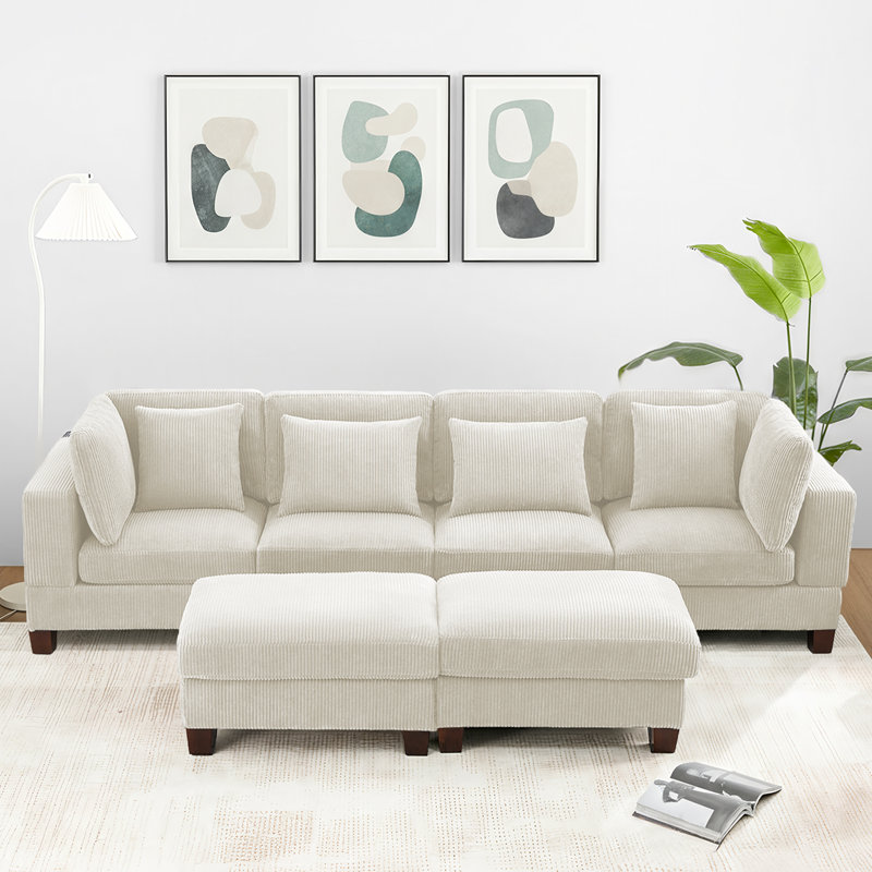 116" Sleeper Sofa with Ottoman for Living Room, Beige Corduroy