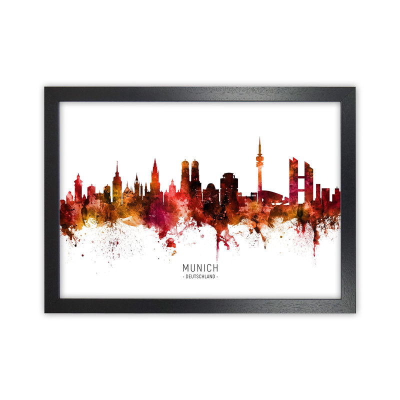 Munich Germany Skyline Red City Nameby Michael Tompsett-Graphic Art, 25cm H x 34cm W x 3cm D, Black Framed