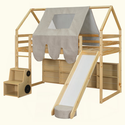 Wooden Loft Bed House-Shaped Frame With A Tent