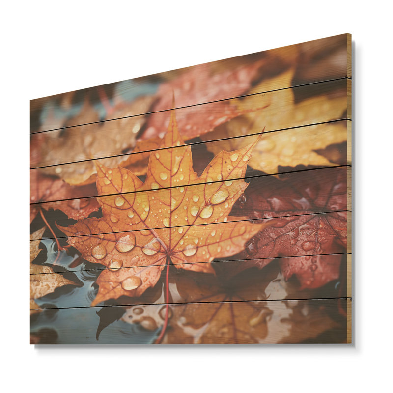 Yellow And Orange Autumn Maple Leaves II - Tree Maple On Wood Print, 10" H x 20" W x 0.78" D