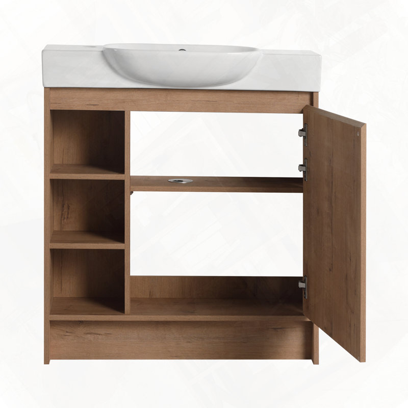 Meuble-lavabo autoportant avec évier en céramique, Imitation chêne