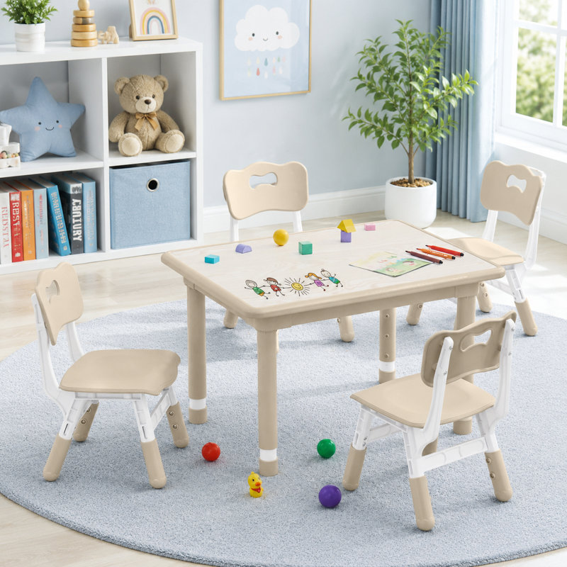 Kids Table and 4 Chairs Set, Height Adjustable (17.7"-26.1") Toddler Table and Chair Set, Multi-Activity Table with Graffiti Desktop, Children’s Table and Chairs for Classroom, Home & Daycare