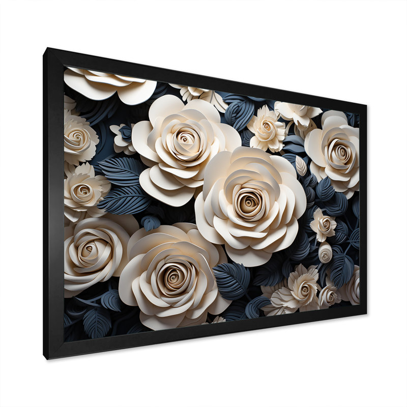«Blue and White Roses Moonlight Grace», reproduction sur toile, H 24 po x l 32 po x P 1 po, Cadre simple noir