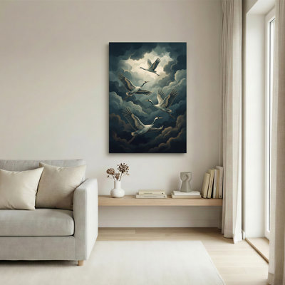 Four Cranes Flying in Dark Cloudy Sky Canvas Wall Art