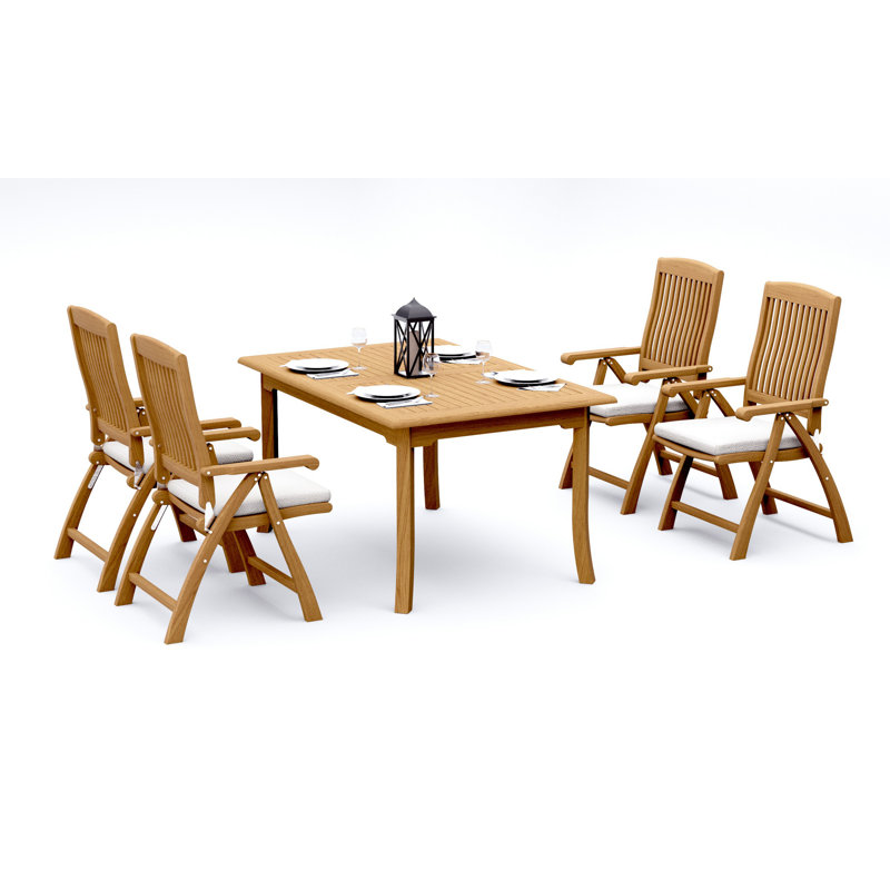 Ensemble de salle à manger en bois de teck Grade-A: table rectangulaire et chaises pliantes inclinables Marley # 11MR1306, 4