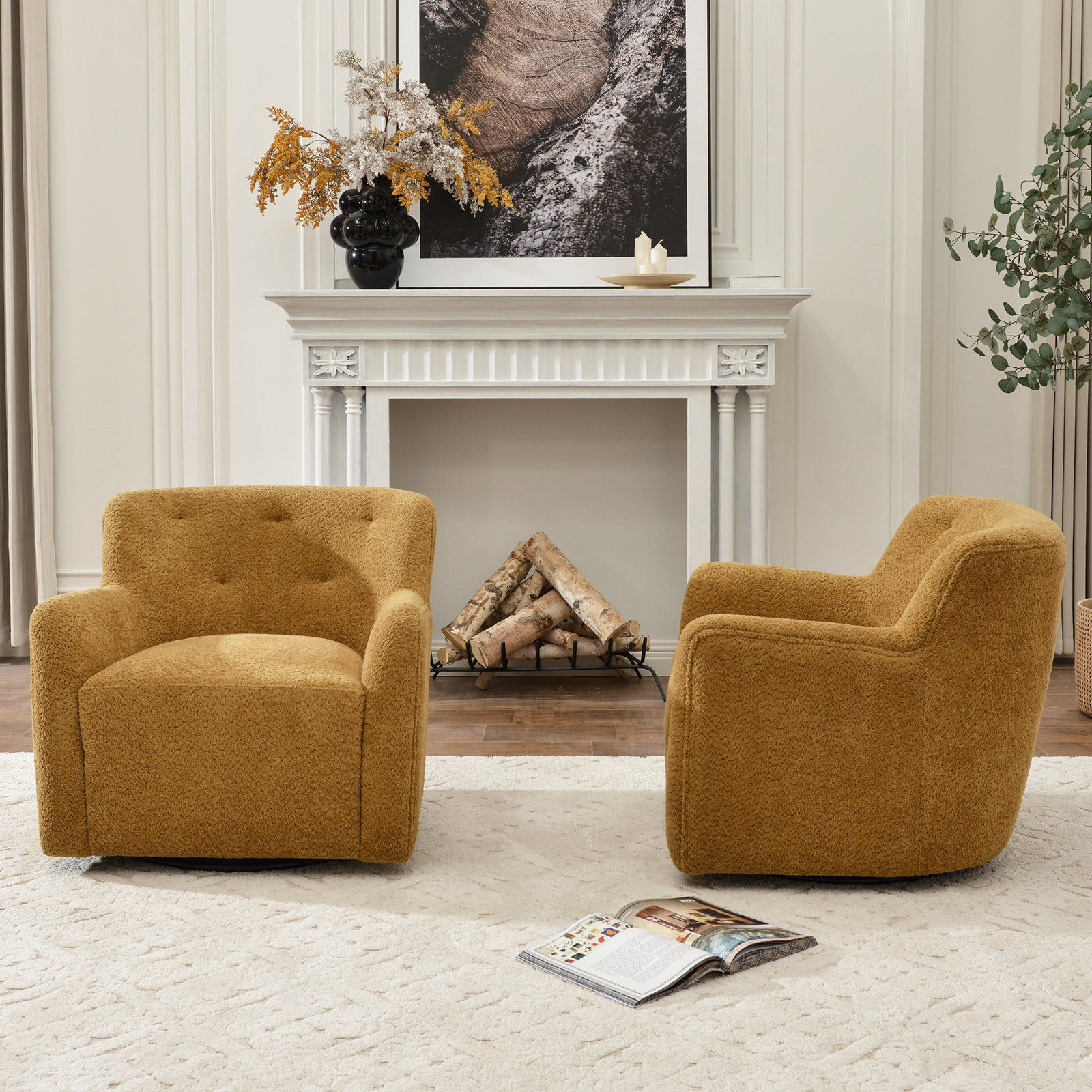 Fae Chenille Swivel Accent Chair, Golden Ochre Textured Chenille