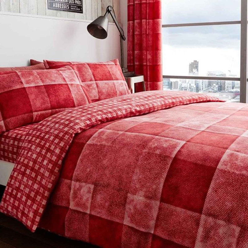 Microfiber Plaid Duvet Cover with Pillowcases Included, Red