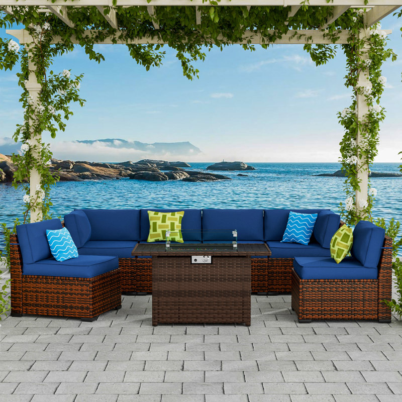 Ensemble de conversation modulaire en osier 6 personnes avec coussins Treyshun, Bleu marine, Oui