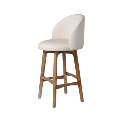Chaise de bar pivotante Gery, assise en tissu crème avec pieds brun naturel