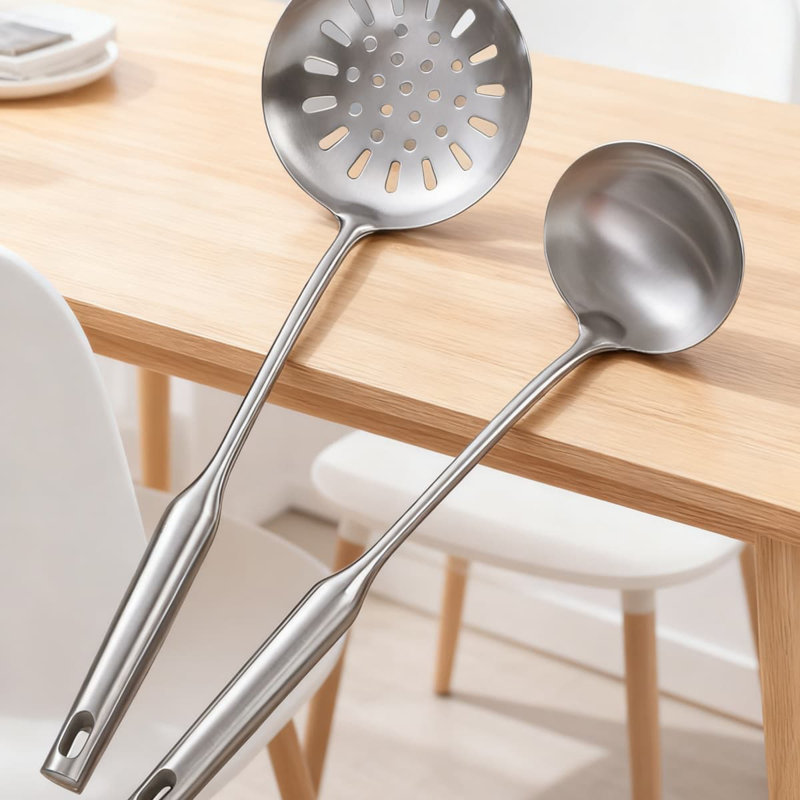 Ensemble d'ustensiles de cuisine professionnel en acier inoxydable 5 pièces avec Turner fendu, cuillère, louche, spatule et écumoire