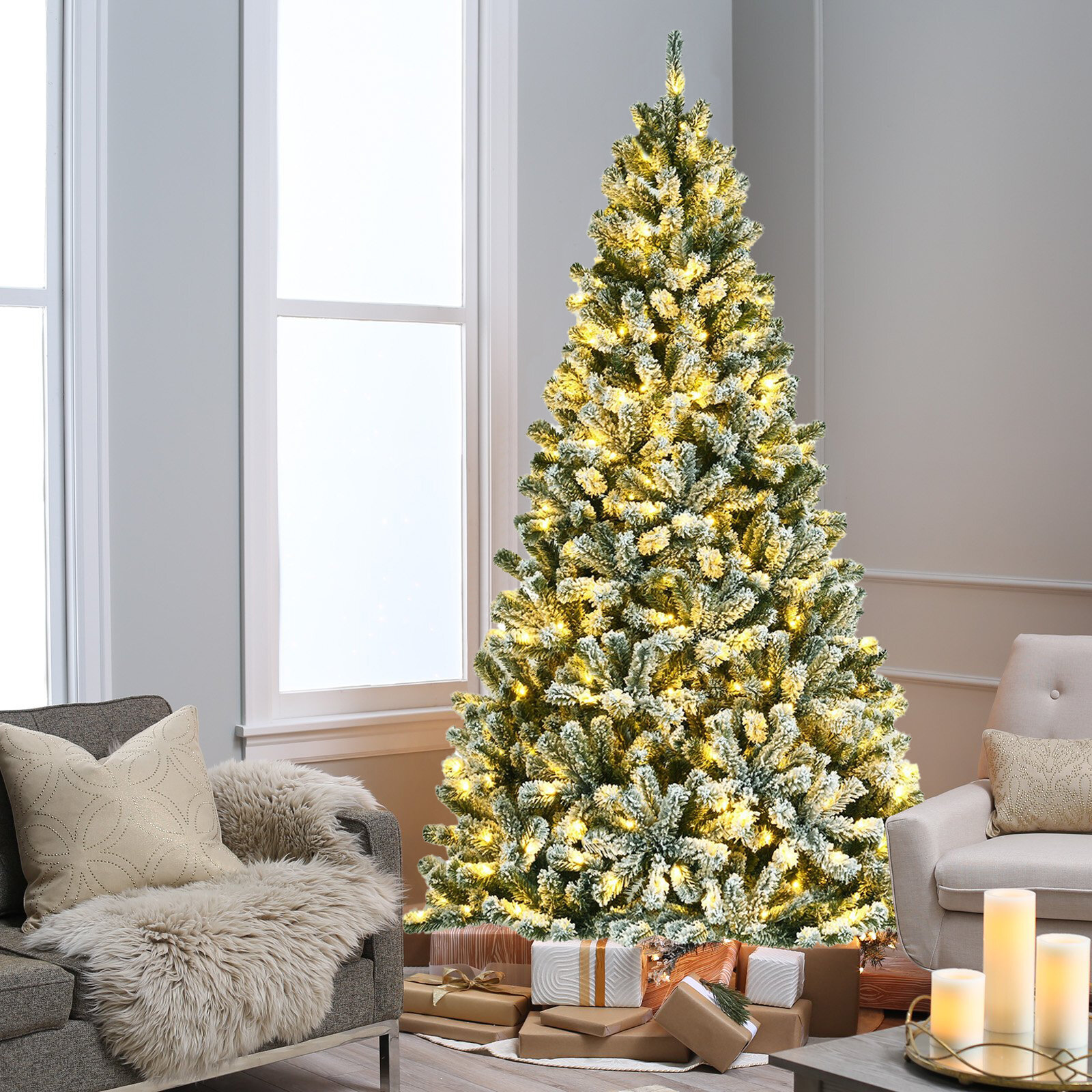 The Holiday Aisle® 7 Feet Pre-Lit Snow Flocked Hinged Christmas Tree ...