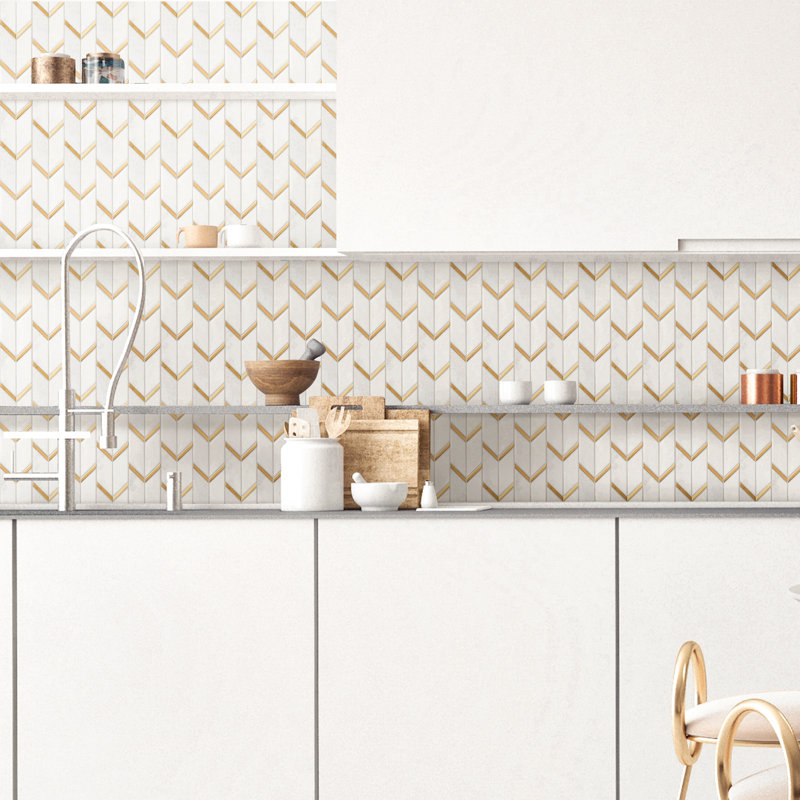 Natural Bianco 1" x 2" Herringbone / Chevron Mosaic Wall Tile, White/Gold