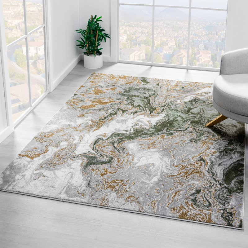 Modern Abstract Green Gold Area Rug, Rectangle 7'4" x 10'2"