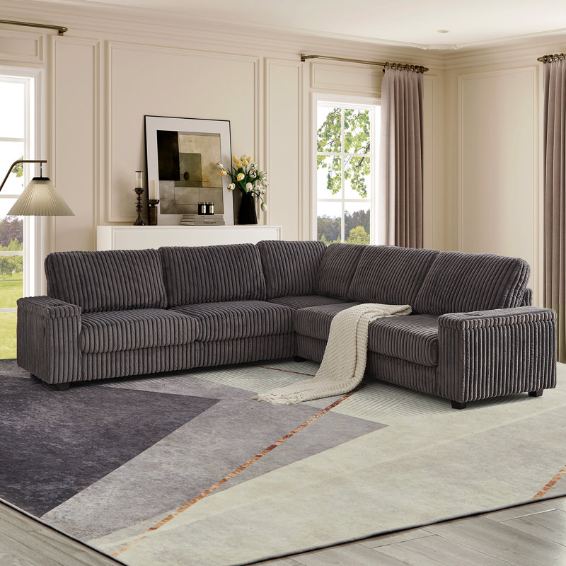 Vega 110"W Corduroy Upholstered Deep Seat Symmetrical Sectional, Dark Gray Corduroy