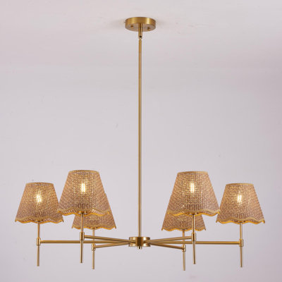 Luminaire suspendu 37,4 po à abat-jour en rotin tissé Boho, finition laiton, homologué UL, lustre à hauteur réglable en rotin 6 lumières pour salle à manger, salon, îlot de cuisine