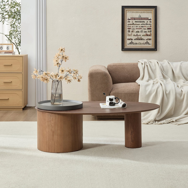 Table basse ovale moderne de luxe avec plateau et finition noyer