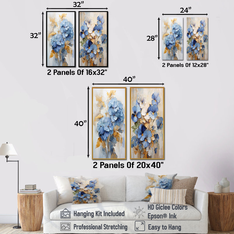 Ensemble de salon art mural bleu et or Minimalisme Pansy Radiance, Cadre blanc, H 32 po x l 33 po