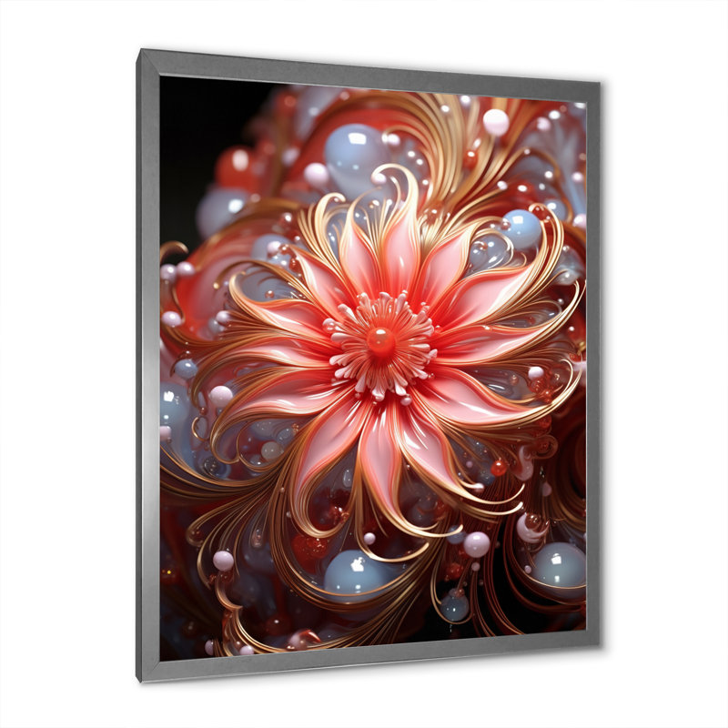 «Radiant Blossoming», fleur rose avec perles blanches sur toile, H 20 po x l 12 po x P 1 po, Cadre simple argenté