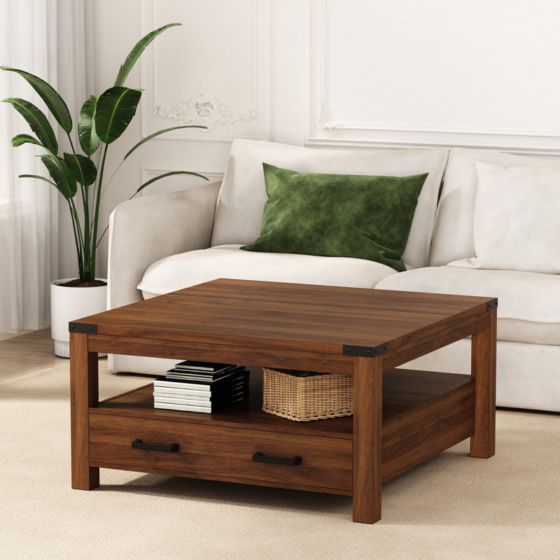 Coffee Table With Big Storage Drawer And 2-tier Storage Shelves, Walnut