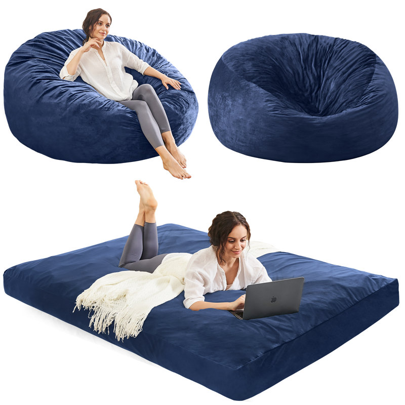 Memory Foam Filled Bean Bag Chair With Soft Removeable Cover - Convertible Bean Bag Bed, Navy Polyester