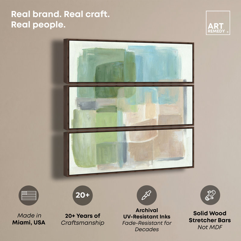 Ensemble de décoration murale Ira Colmeva Soft Structure II, impression sur toile encadrée, couleur sauge, par Art Remedy, cadre en noyer, 48 x 16