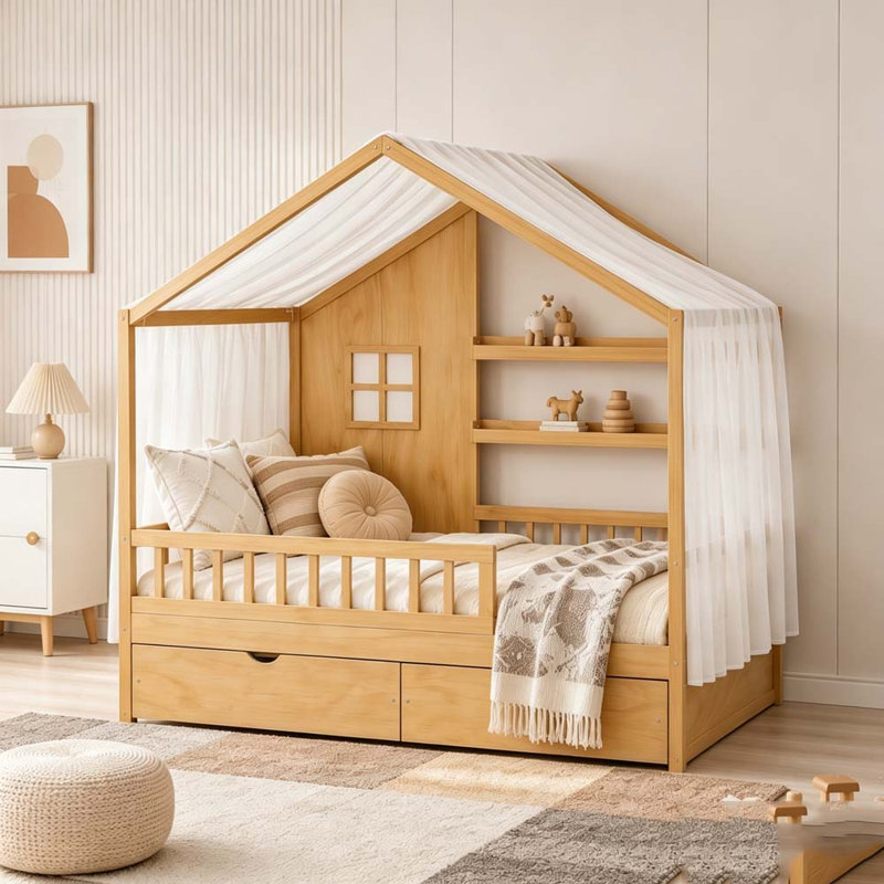 Lit double avec rideaux, tiroirs de rangement et garde-corps Kids, Double, Naturel