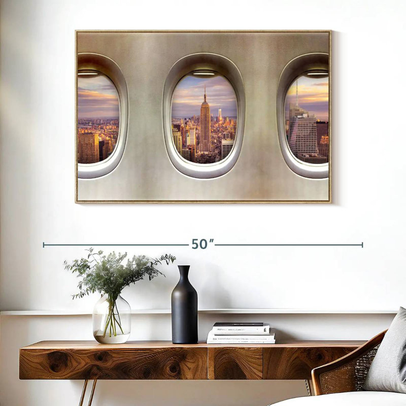 Fenêtres rétro pour avion, Cadre flottant en bois naturel, 40 po x 27 po