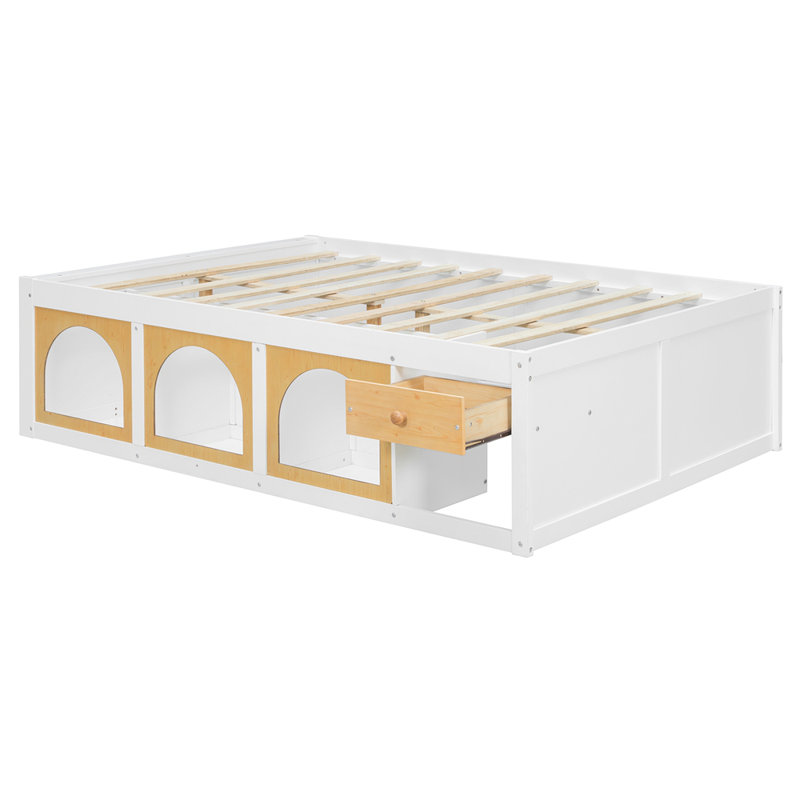Lit plateforme double en bois avec bibliothèque, vitrine, lumière DEL et tiroir