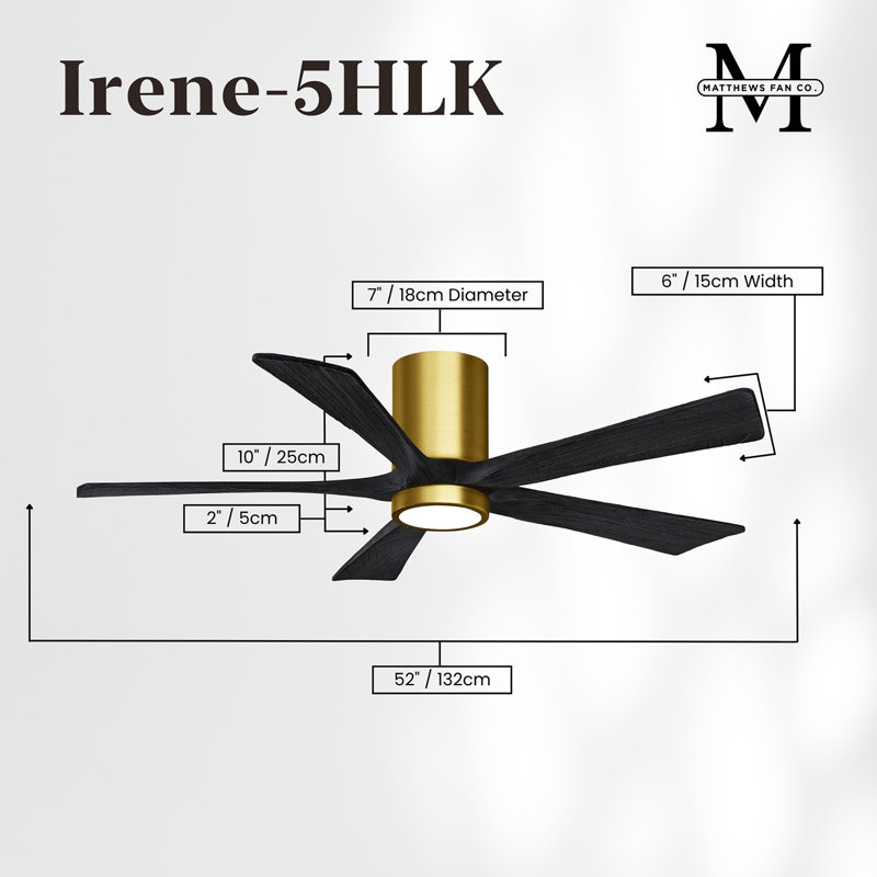Irene Flushmount Light Kit 5 Blade LED Ceiling Fan, Matte Black, Brushed Brass, 52"