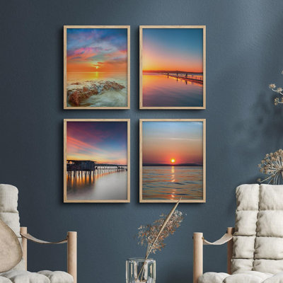 «Vibrant Orange & Blue Sunset Ocean Beach Pier», ensemble de 4 impressions murales colorées, encadrées sur papier, 4 pièces