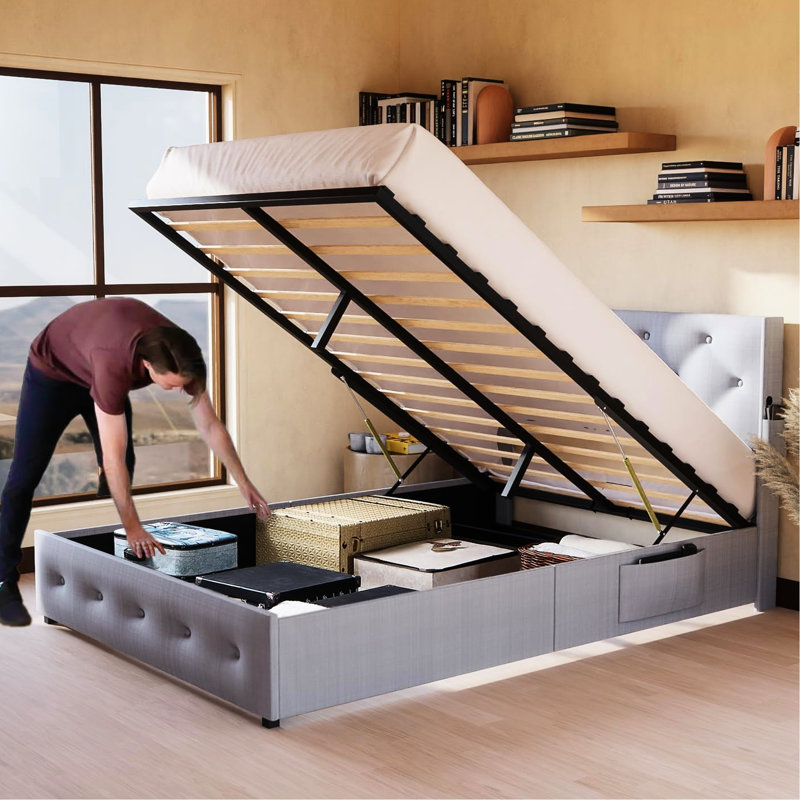 Structure de lit double en métal avec rangement, tête de lit à oreilles, abords de lit, gris, sans sommier tapissier, vérin à gaz de rangement compact, meubles de chambre à coucher gris