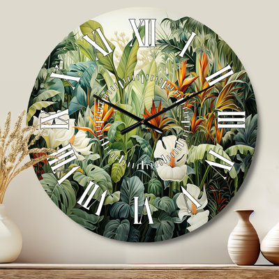 Horloge murale blanche avec motif botanique contemporain Jungle Wonders