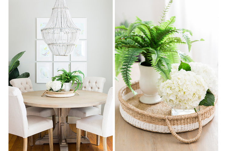 Wood and neutral dining area, woven tray plant detail