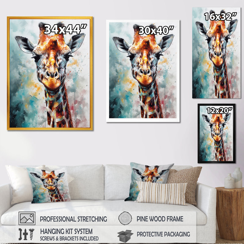 Portrait abstrait de girafe - Art mural girafe, H 20 po x l 12 po, Cadre flottant noir