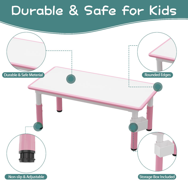 Andreja Kids 7 Piece Rectangular Play or Activity Table and Chair Set, White/Pink