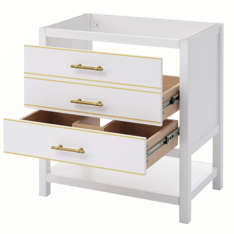 White and Gold 30" Bathroom Vanity Cabinet with Open Storage