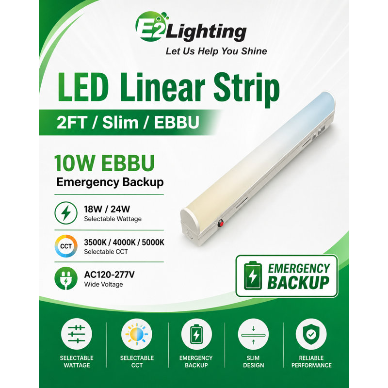 E2 Lighting 2' Slim Integrated LED Linear Strip Light with Emergency Battery Backup, Wattage and Color Temperature Selectable